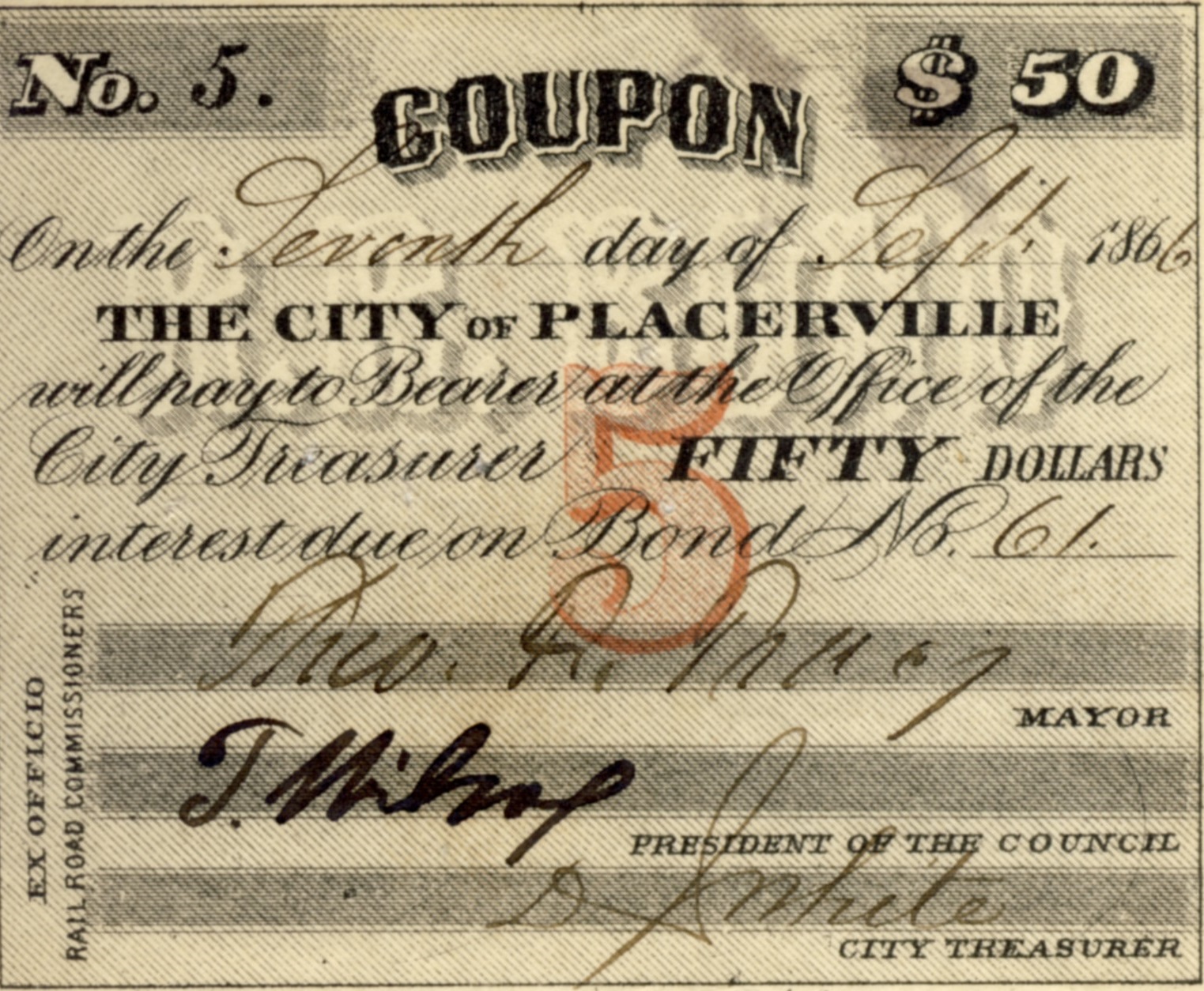 Coupon from Placerville Railroad Stock