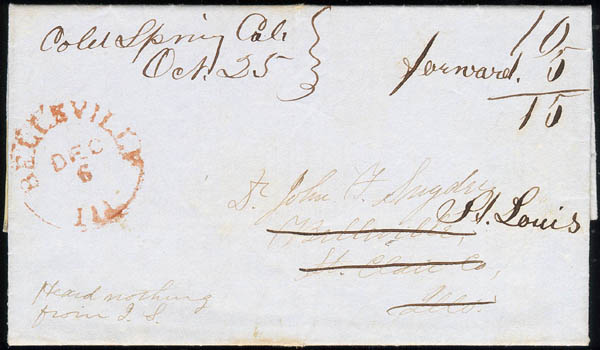 Letter with both Cold Spring and Placerville postmarks. Forwarded to St, Louis - 1852